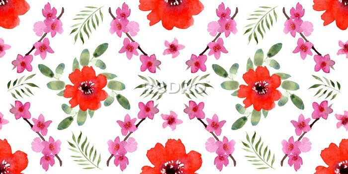 Papier peint  Seamless pattern with different flowers and leaves: rose, daisy and strelitzia, watercolor painting. For design cards, drawing and textiles. On a white background.