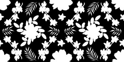 Papier peint  Seamless pattern with different flowers and leaves: rose, daisy and strelitzia, watercolor painting. For design cards, drawing and textiles. White pattern on black background.