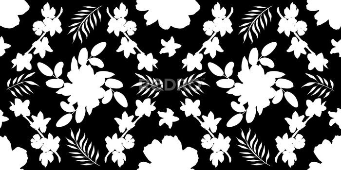 Papier peint  Seamless pattern with different flowers and leaves: rose, daisy and strelitzia, watercolor painting. For design cards, drawing and textiles. White pattern on black background.