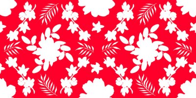 Papier peint  Seamless pattern with different flowers and leaves: rose, daisy and strelitzia, watercolor painting. For design cards, drawing and textiles. White pattern on red background.