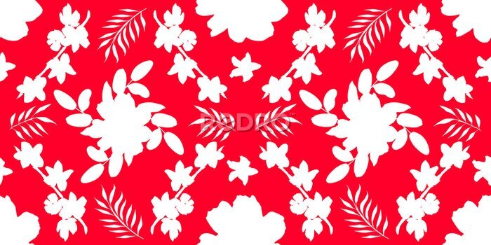 Papier peint  Seamless pattern with different flowers and leaves: rose, daisy and strelitzia, watercolor painting. For design cards, drawing and textiles. White pattern on red background.