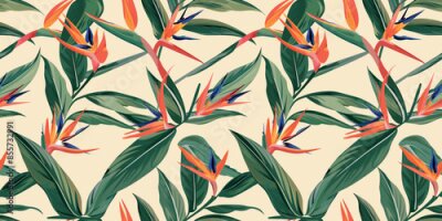 Papier peint  Seamless pattern with digital illustration of Strelitzia reginae, playful design, vibrant hues on beige background. Abstract trendy spring, summer dress print. Beautiful motif. Hand drawn wildflowers