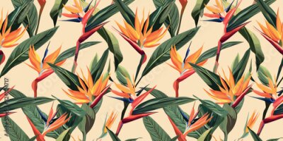 Papier peint  Seamless pattern with digital illustration of Strelitzia reginae, playful design, vibrant hues on beige background. Abstract trendy spring, summer dress print. Beautiful motif. Hand drawn wildflowers