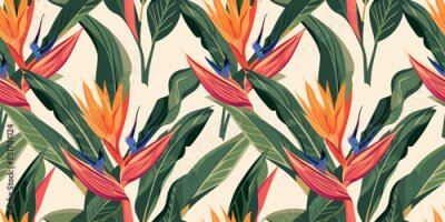 Papier peint  Seamless pattern with digital illustration of Strelitzia reginae, playful design, vibrant hues on beige background. Abstract trendy spring, summer dress print. Beautiful motif. Hand drawn wildflowers