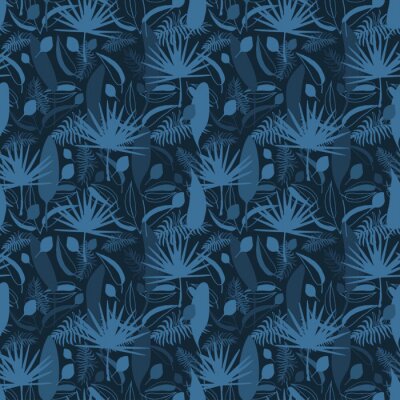 Papier peint  Seamless pattern with exotic flowers paradise Strelitzia and tropical leaves classic blue background. Vector tropical stock illustration.African plant flower. Design textile, wallpaper, wrapping paper