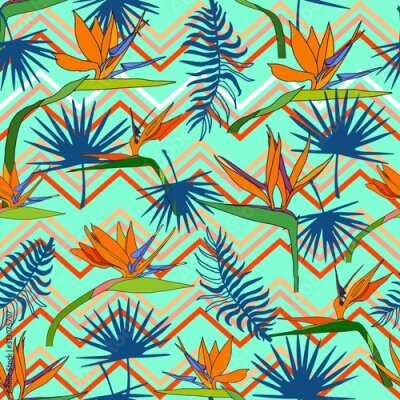 Papier peint  Seamless pattern with exotic flowers paradise Strelitzia and tropical leaves classic blue background. Vector tropical stock illustration.African plant flower. Design textile, wallpaper, wrapping paper