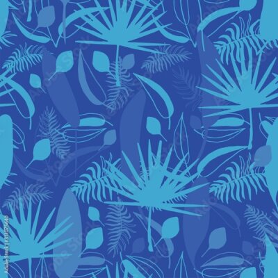 Papier peint  Seamless pattern with exotic flowers paradise Strelitzia and tropical leaves classic blue background. Vector tropical stock illustration.African plant flower. Design textile, wallpaper, wrapping paper