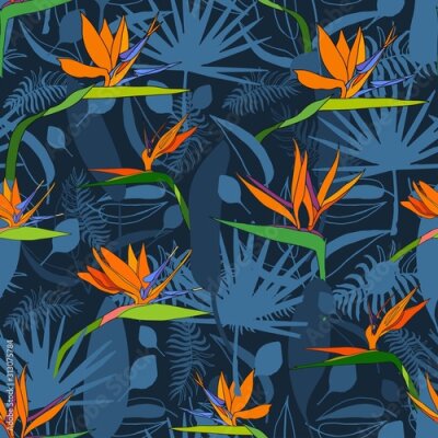 Papier peint  Seamless pattern with exotic flowers paradise Strelitzia and tropical leaves classic blue background. Vector tropical stock illustration.African plant flower. Design textile, wallpaper, wrapping paper