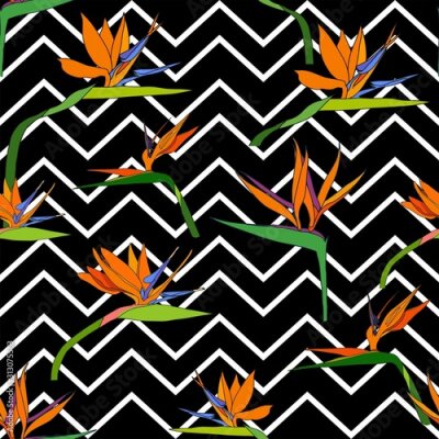 Papier peint  Seamless pattern with exotic flowers paradise Strelitzia and tropical leaves classic blue background. Vector tropical stock illustration.African plant flower. Design textile, wallpaper, wrapping paper