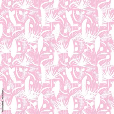Papier peint  Seamless pattern with exotic flowers paradise Strelitzia and tropical leaves classic blue background. Vector tropical stock illustration.African plant flower. Design textile, wallpaper, wrapping paper