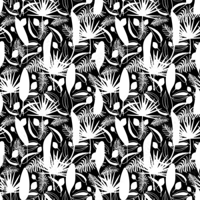 Papier peint  Seamless pattern with exotic flowers paradise Strelitzia and tropical leaves classic blue background. Vector tropical stock illustration.African plant flower. Design textile, wallpaper, wrapping paper