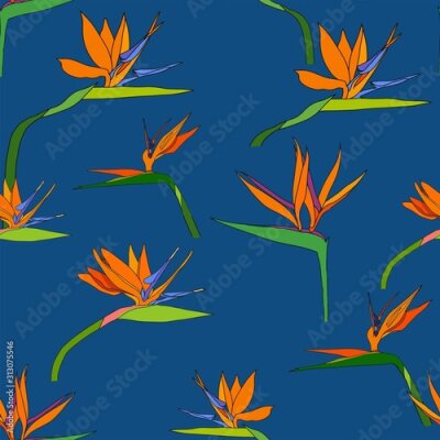 Papier peint  Seamless pattern with exotic flowers paradise Strelitzia and tropical leaves classic blue background. Vector tropical stock illustration.African plant flower. Design textile, wallpaper, wrapping paper