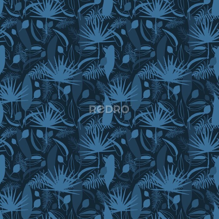Papier peint  Seamless pattern with exotic flowers paradise Strelitzia and tropical leaves classic blue background. Vector tropical stock illustration.African plant flower. Design textile, wallpaper, wrapping paper
