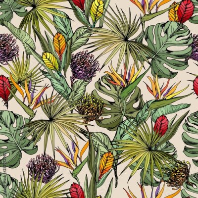 Papier peint  Seamless pattern with exotic strelitzia and bromeliad flowers. Hand drawn vector on beige background.