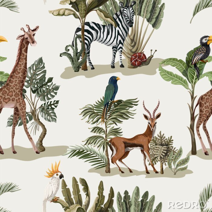 Papier peint  Seamless pattern with exotic trees and animals. Interior vintage wallpaper.