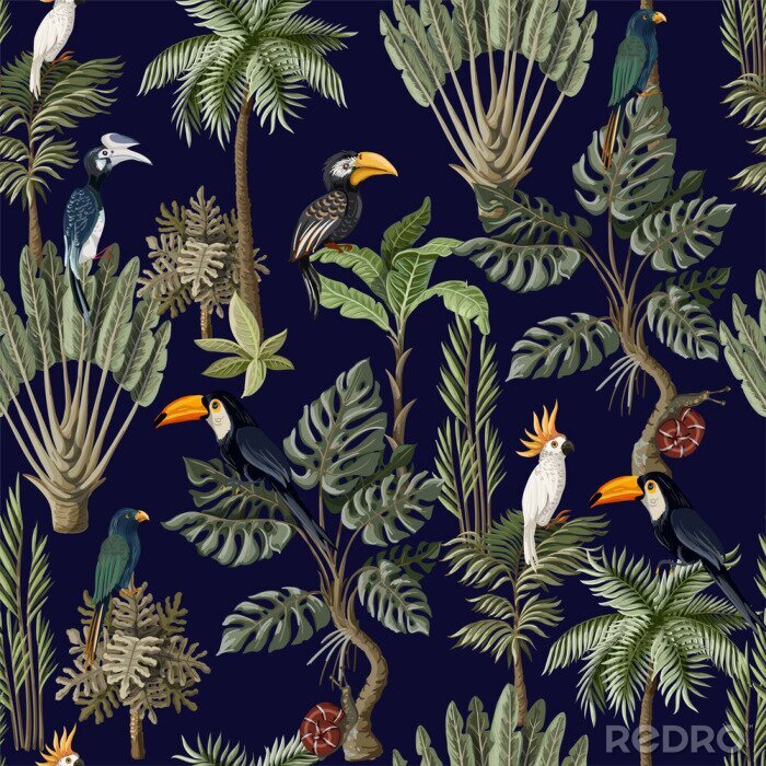 Papier peint  Seamless pattern with exotic trees and animals. Interior vintage wallpaper.