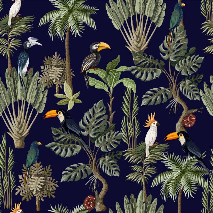 Papier peint  Seamless pattern with exotic trees and animals. Interior vintage wallpaper.