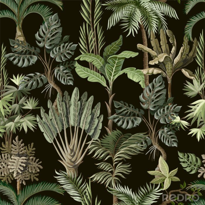 Papier peint  Seamless pattern with exotic trees such us palm, monstera and banana. Interior vintage wallpaper.