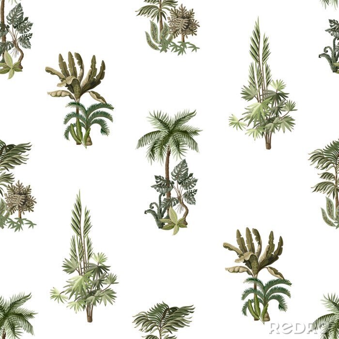 Papier peint  Seamless pattern with exotic trees such us palm, monstera and banana. Interior vintage wallpaper