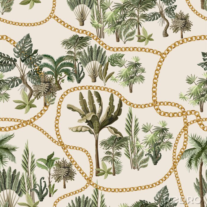 Papier peint  Seamless pattern with exotic trees such us palm, monstera and banana with chains.