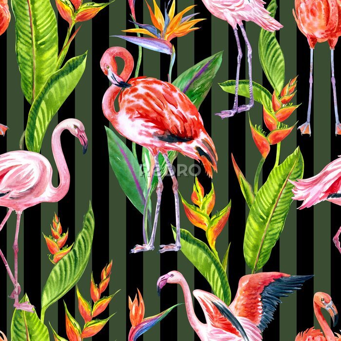 Papier peint  Seamless pattern with flamingo birds and tropical flowers strelitzia and heliconia on a striped background, print for fabric, wrapping paper, home furnishings decor and other designs.
