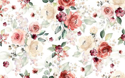Papier peint  Seamless pattern with flowers and leaves. Hand drawn background.  floral pattern for wallpaper or fabric. Flower rose. Botanic Tile.