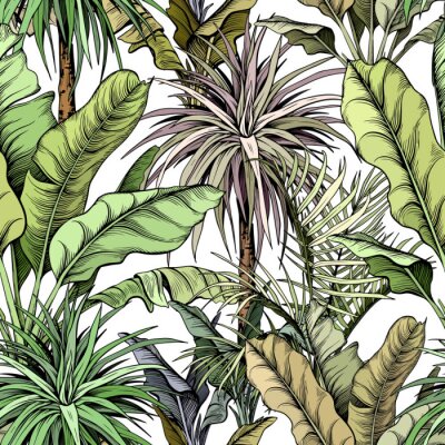 Seamless pattern with green tropical trees. Yucca plants and large banana leaves. Hand drawn vector illustration.