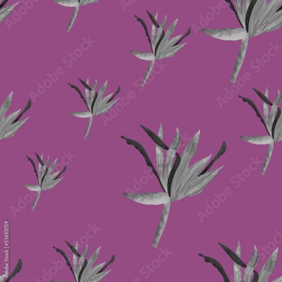 Papier peint  seamless pattern with grey strelitzia on violet background. Tropical flower print. Summer exotic pattern. Stationery, packaging, wallpaper, textile, fabric design