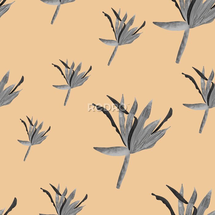 Papier peint  seamless pattern with grey tropical strelitzia flowers on beige background. Elegant floral print. Packaging, wallpaper, textile, fabric design  