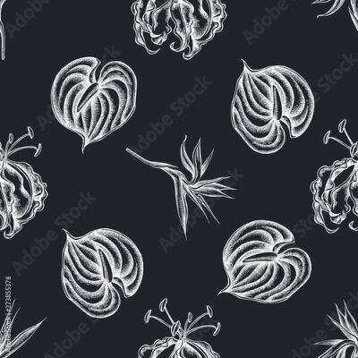 Papier peint  Seamless pattern with hand drawn chalk gloriosa, anthurium, strelitzia