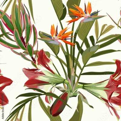 Papier peint  Seamless pattern with hand drawn colored amaryllis lilies, orange strelitzia flower and palm tropical leaves on light background.