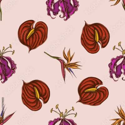 Papier peint  Seamless pattern with hand drawn colored gloriosa, anthurium, strelitzia