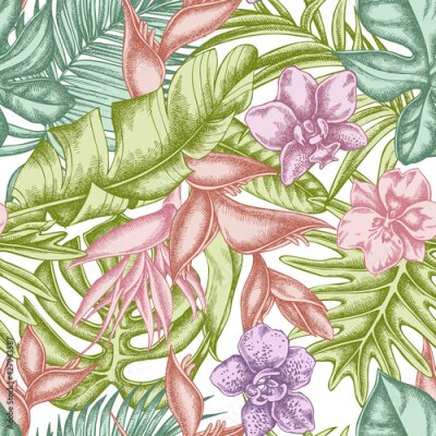 Papier peint  Seamless pattern with hand drawn pastel monstera, banana palm leaves, strelitzia, heliconia, tropical palm leaves, orchid