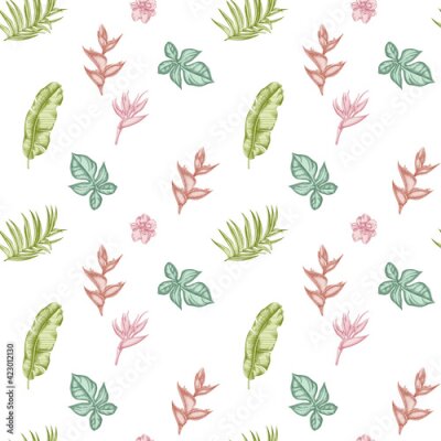 Papier peint  Seamless pattern with hand drawn pastel monstera, banana palm leaves, strelitzia, heliconia, tropical palm leaves, orchid