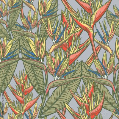 Papier peint  Seamless pattern with hand drawn strelitzia. Artistic drawing of Strelitzia with pen and ink. Colorful tropical plants on the grey background. Not AI generated.