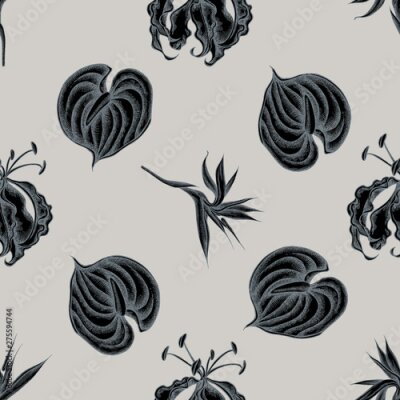 Papier peint  Seamless pattern with hand drawn stylized gloriosa, anthurium, strelitzia