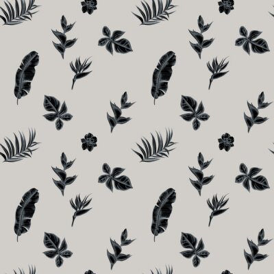 Papier peint  Seamless pattern with hand drawn stylized monstera, banana palm leaves, strelitzia, heliconia, tropical palm leaves, orchid
