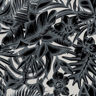 Papier peint  Seamless pattern with hand drawn stylized monstera, banana palm leaves, strelitzia, heliconia, tropical palm leaves, orchid