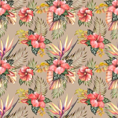 Papier peint  Seamless pattern with hibiscus, strelitzia flowers and palm leaves.