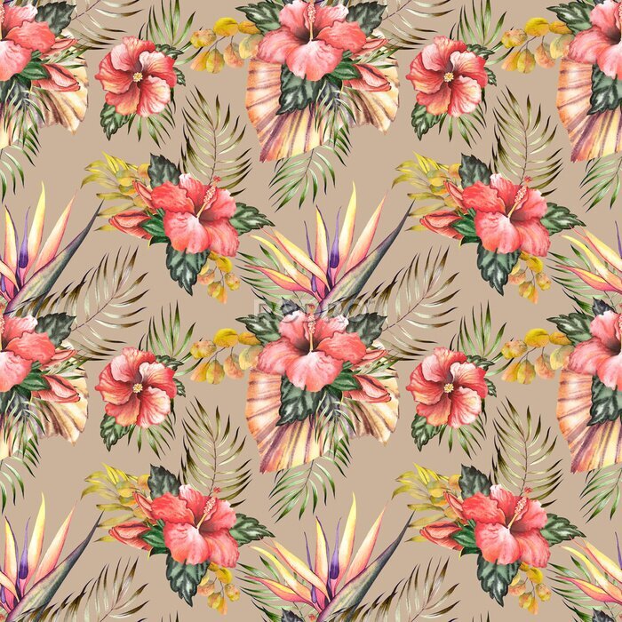 Papier peint  Seamless pattern with hibiscus, strelitzia flowers and palm leaves.