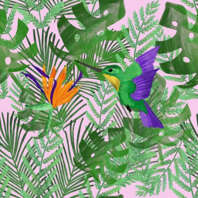 Papier peint  Seamless pattern with hummingbird, strelitzia on tropical leaves on pink background. Summer pattern. Print for umbrella, textile, fabric, packaging, wallpaper design