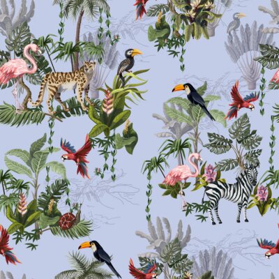 Seamless pattern with jungle animals, flowers and trees. Vector.