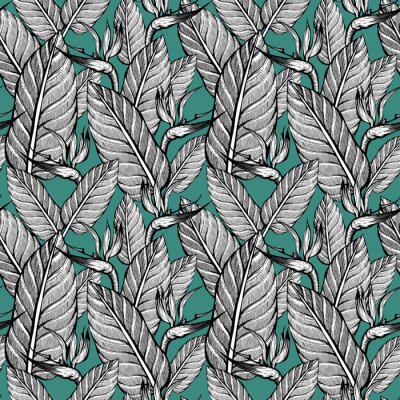 Papier peint  seamless pattern with leaves and strelitzia. Background of exotic flowers. 