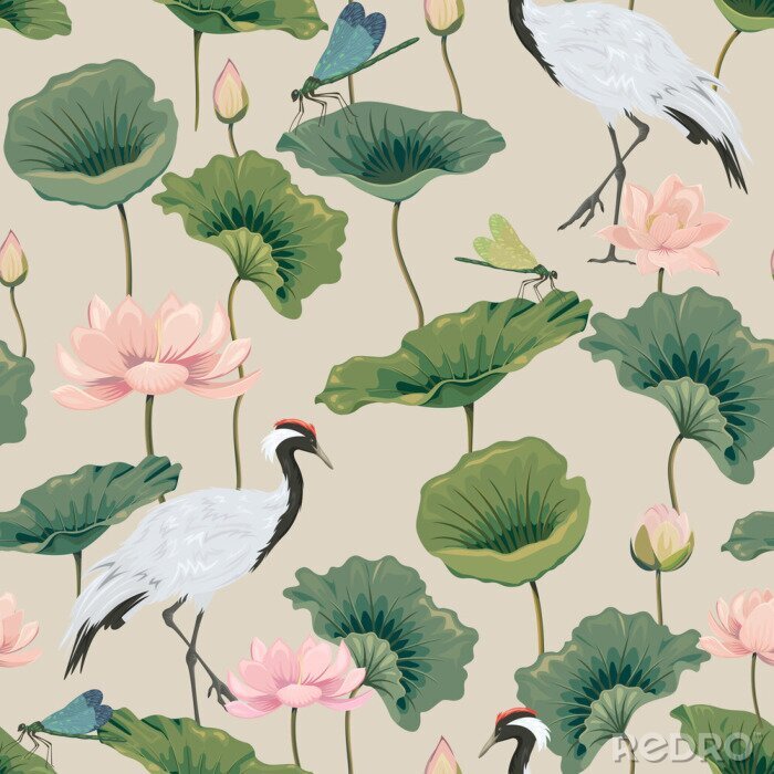 Papier peint  seamless pattern with lotuses and Japanese cranes