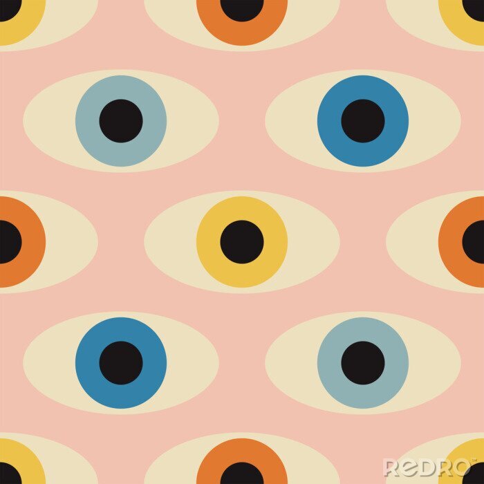 Papier peint  Seamless pattern with minimal 20s geometric design with eyes, vector template with primitive shapes elements