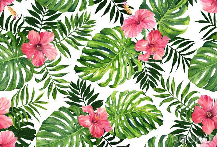 Papier peint  Seamless pattern with monstera and palm leaves on white background.Tropical camouflage print.