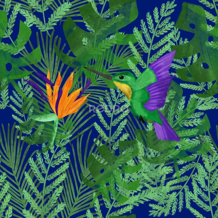 Papier peint  Seamless pattern with orange strelitzia and watercolor green colibri on tropical leaves on dark blue background. Exotic tropic print.  Summer pattern. ferns, monstera, palm leaves.