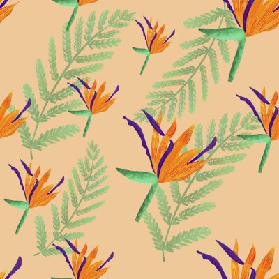 Papier peint  seamless pattern with orange strelitzia flowers and green ferns on orange background. Tropical plants. Packaging, wallpaper, textile design