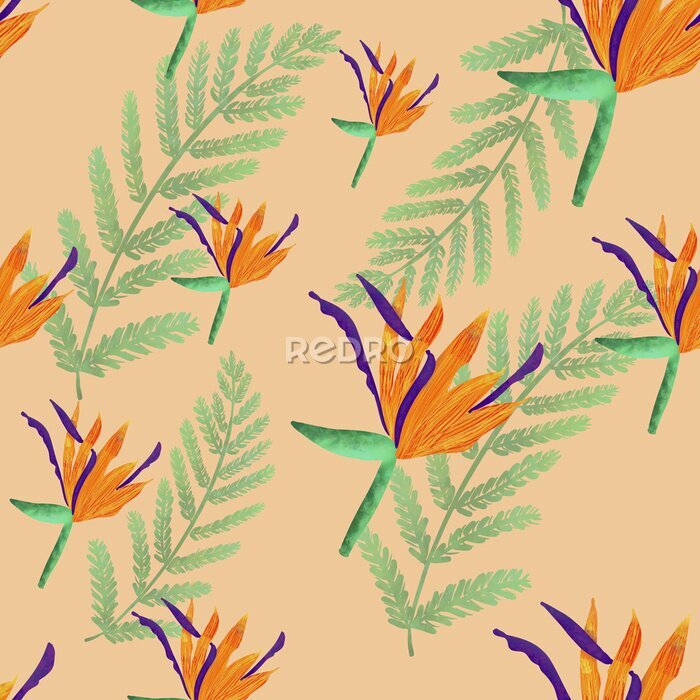 Papier peint  seamless pattern with orange strelitzia flowers and green ferns on orange background. Tropical plants. Packaging, wallpaper, textile design