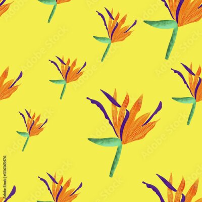 Papier peint  seamless pattern with orange strelitzia on yellow background. Elegant exotic summer print. Tropical flower. Packaging, wallpaper, textile, fabric design 
